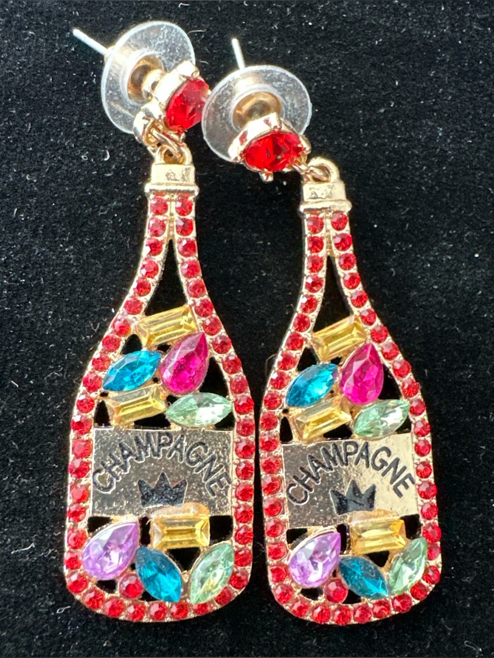NWOT Judson & Co CHAMPAGNE BOTTLE STATEMENT EARRINGS Rhinstone Drop Dangle